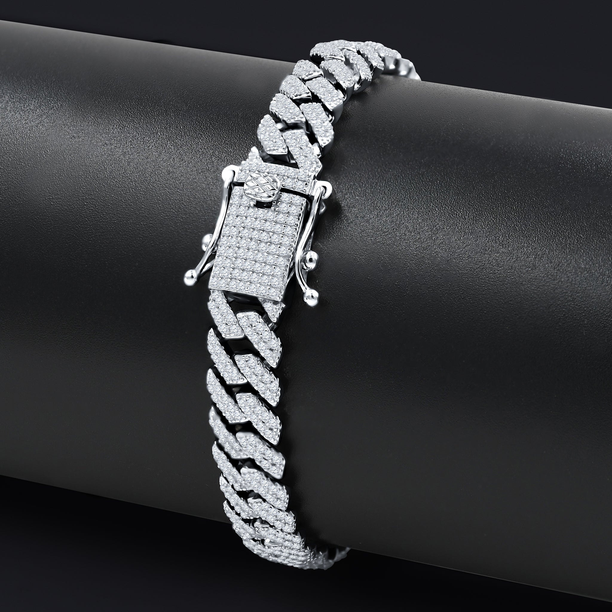 Close-up of GemSculpt 8mm silver bracelet showing hand-set cubic zirconia stones
