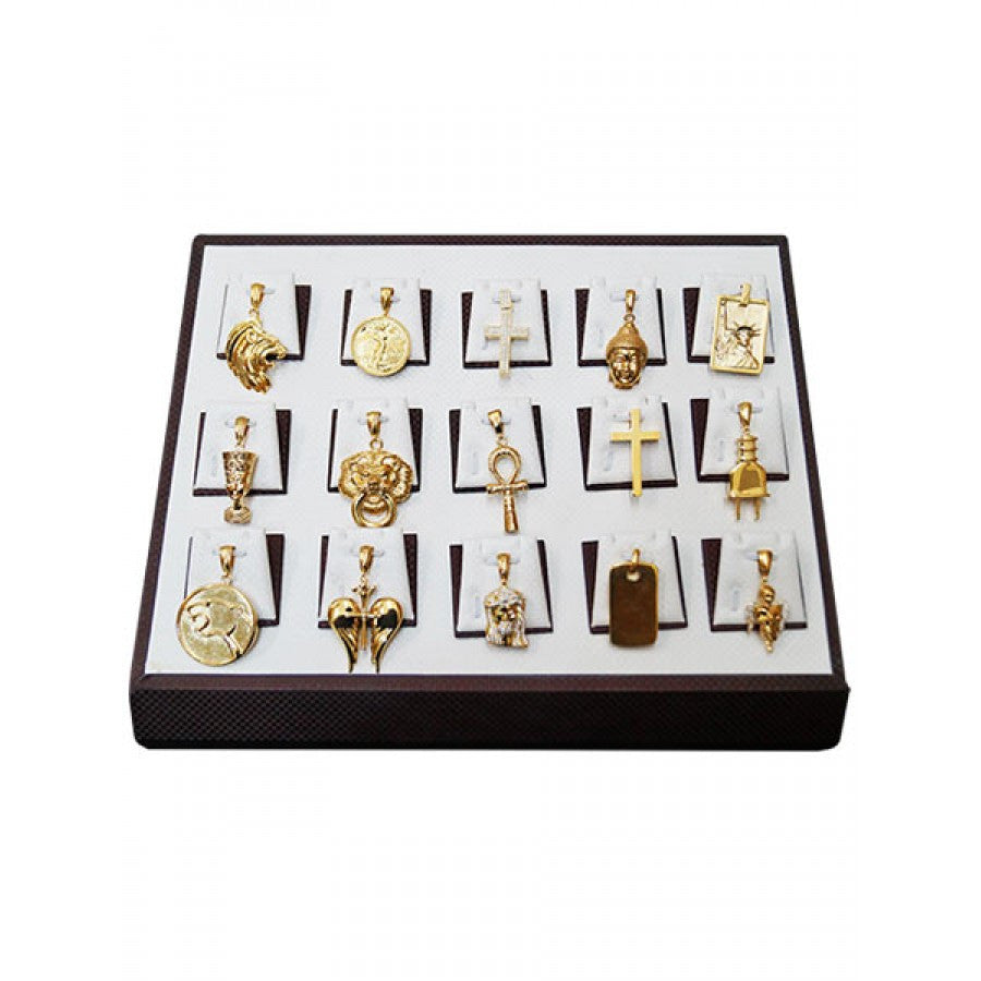 Elegant magnetic pendant display stand showcasing various pendants from an angle.
