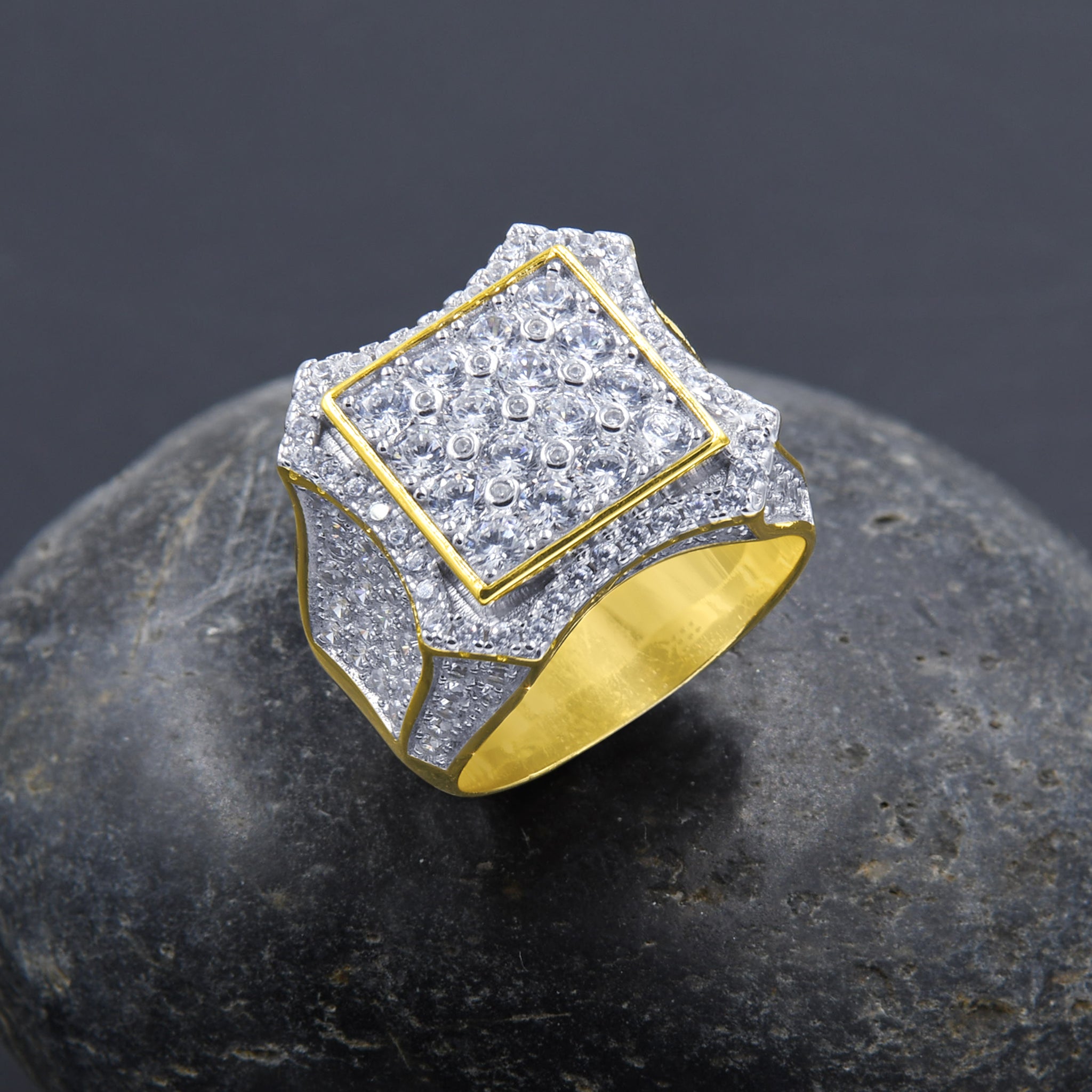 Close-up of sterling silver CZ ring showcasing sparkling stones