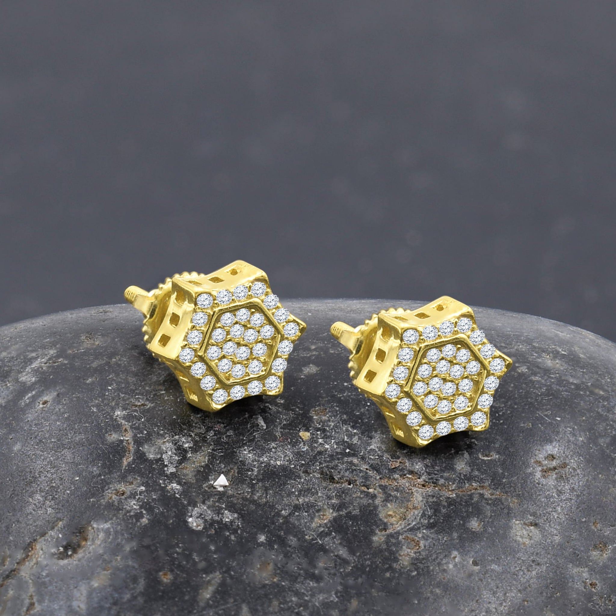 Chic geometric zircon earrings showcasing a brilliant shine from various angles.