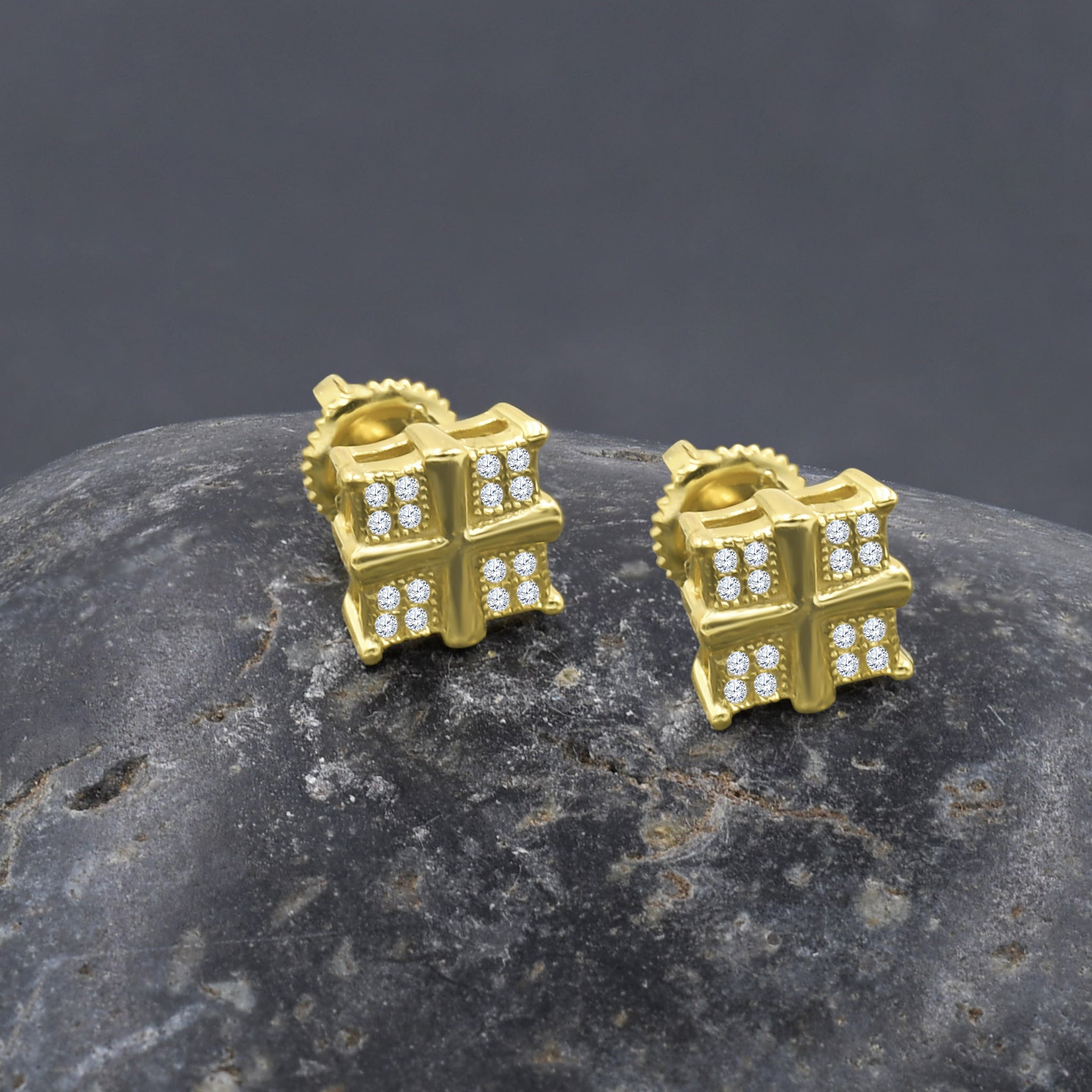 Front view of gold plated cubic zirconia miniature earrings showcasing sparkle