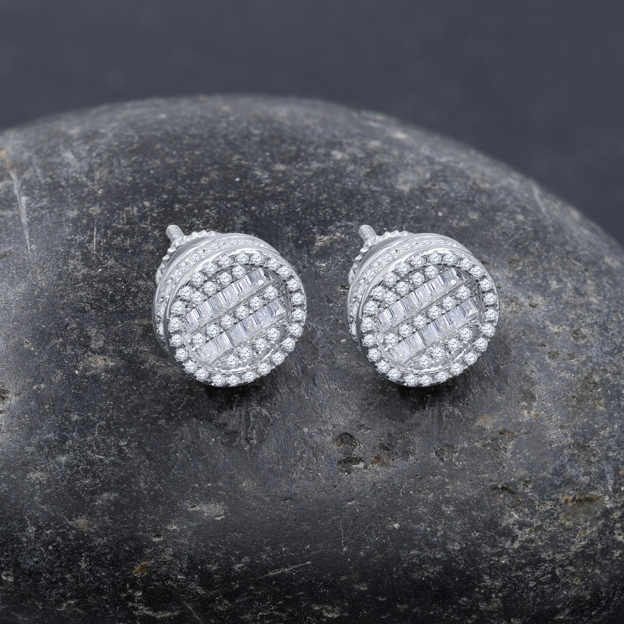 Close-up of scintillant screw back earrings showcasing sparkling cubic zirconia stones