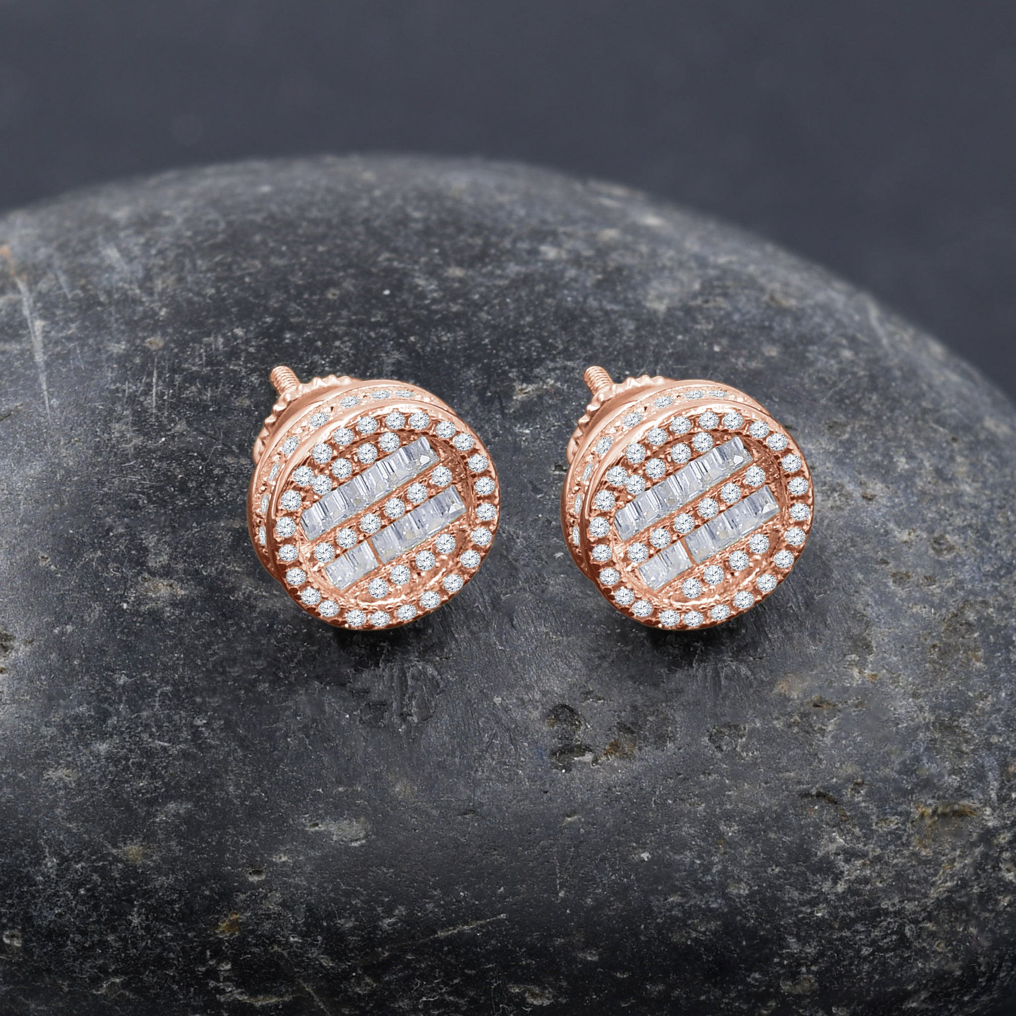 Close-up of screw back earrings with cubic zirconia stones showcasing intricate detailing