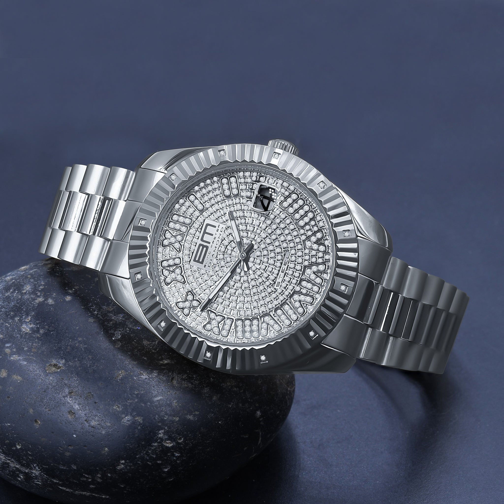 Close-up of the Admiralty 12 Diamond Stainless Steel Watch face showing diamonds and gold accents