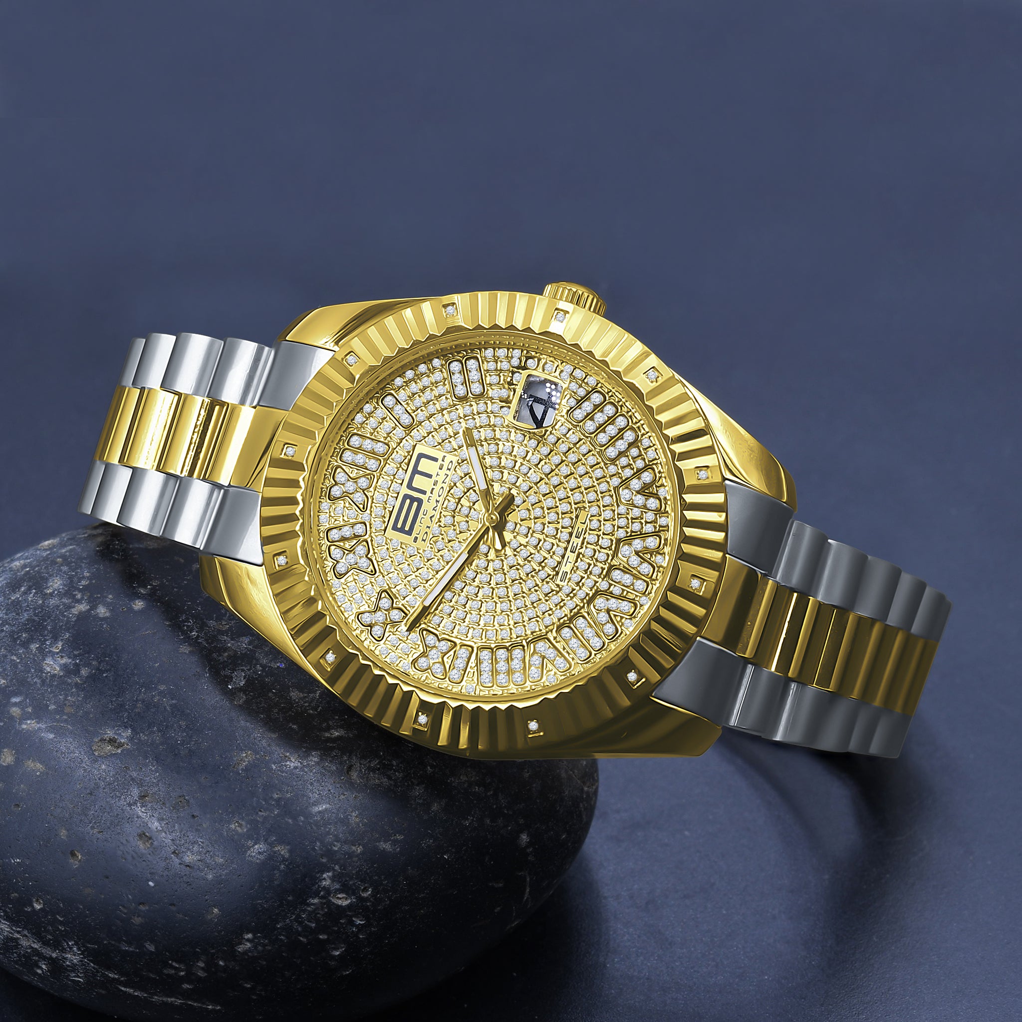 Close-up of ADMIRALTY diamond watch face with golden bezel and quartz display