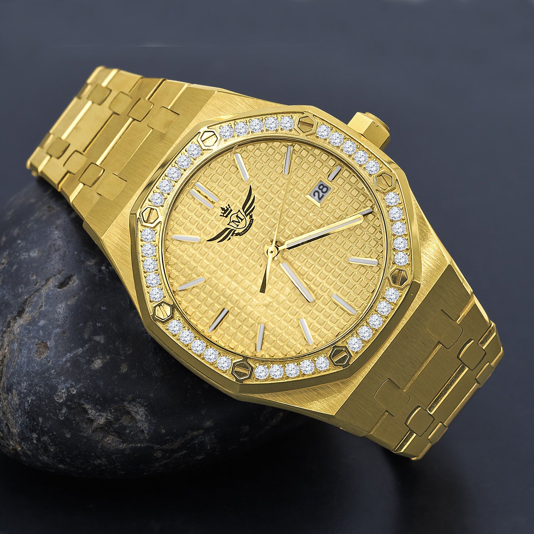 Front angle of gold BlueAngel bling watch with CZ stones and steel bracelet