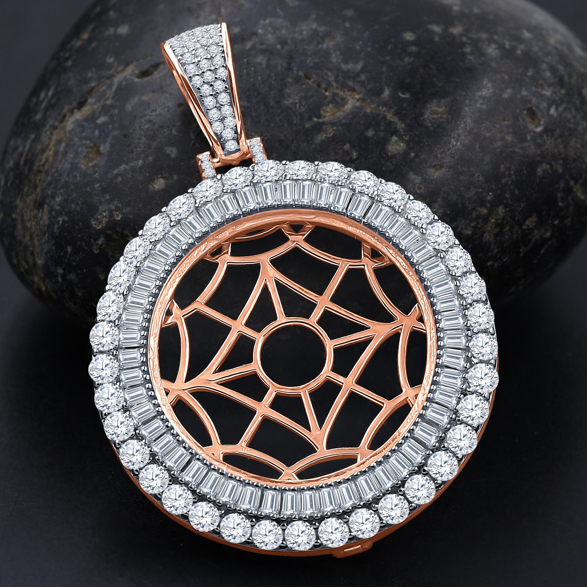 Front view of sterling silver jewelry with CZ stones highlighting the intricate design