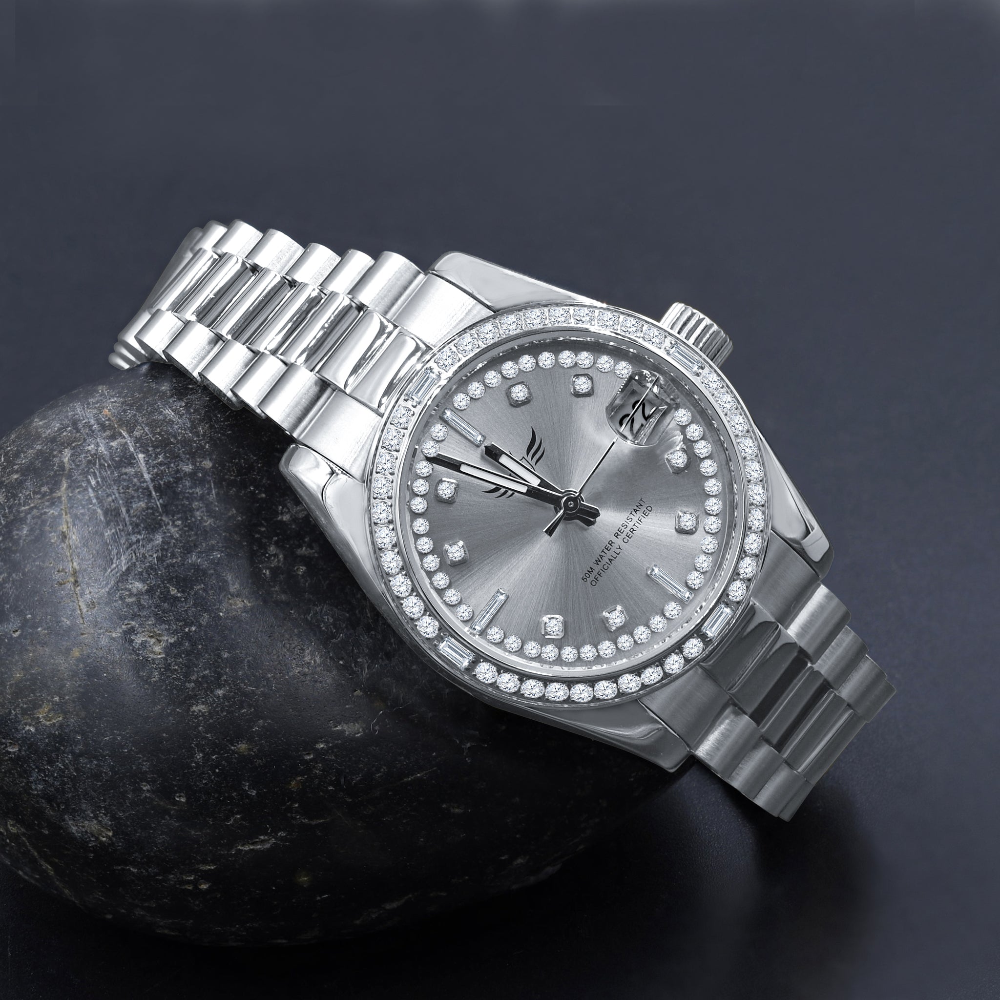 Front view of Alexandra women's steel watch with CZ stones