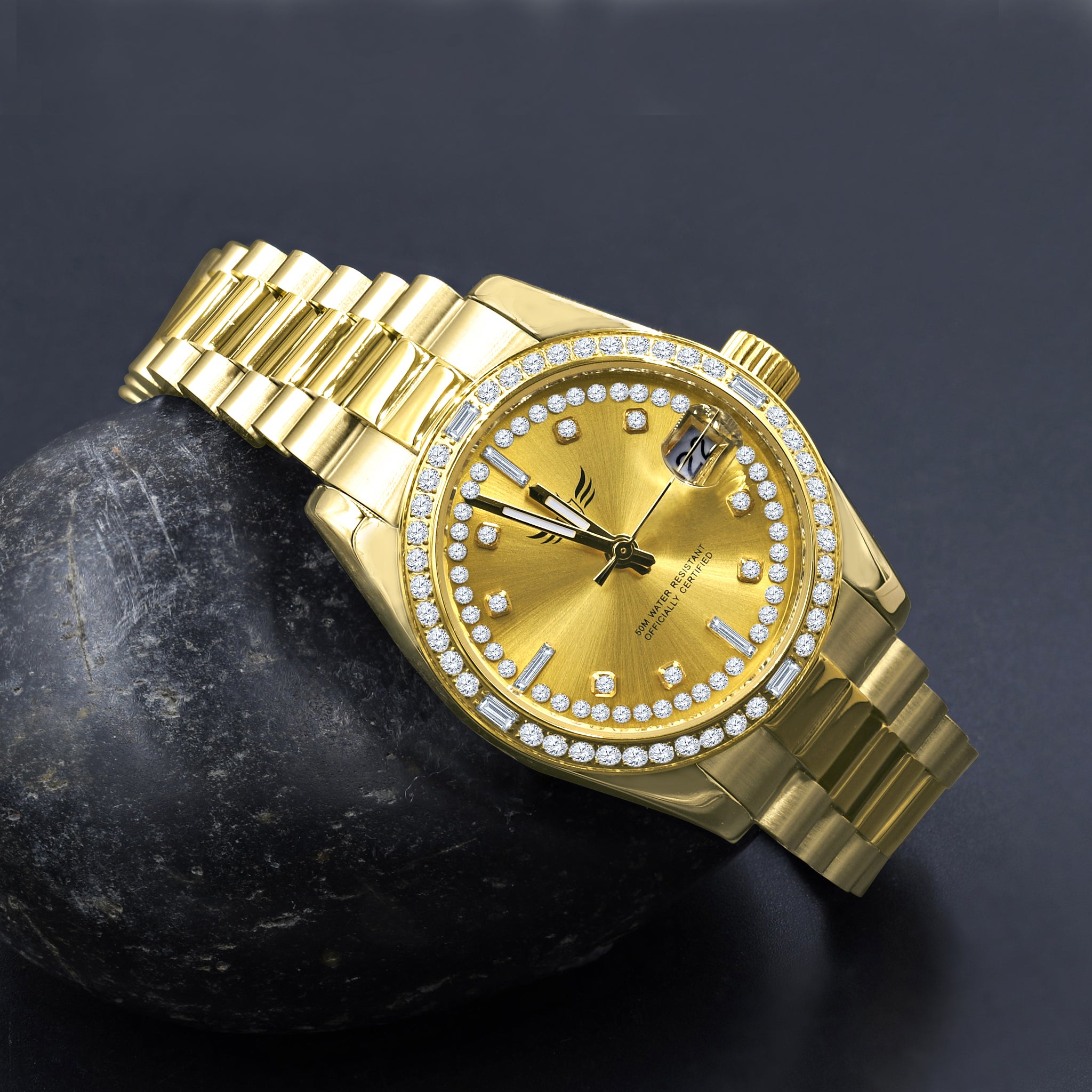 Close-up of Alexandra women's steel watch showing CZ stones on bezel