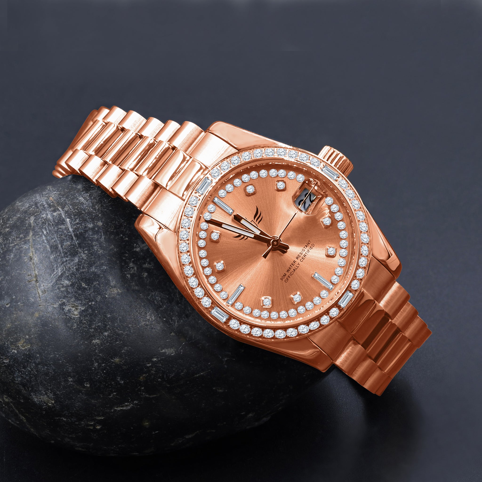 Close-up of Alexandra women's steel watch with CZ stones and sleek dial
