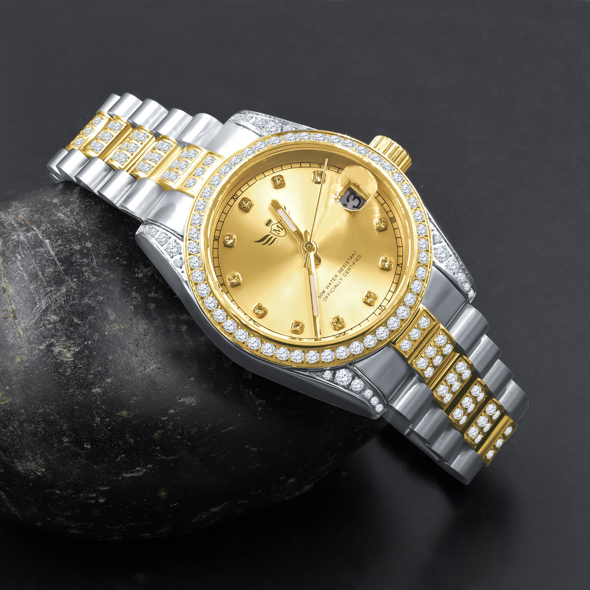 Angelica two-toned ladies steel watch showing detailed design and CZ stones.