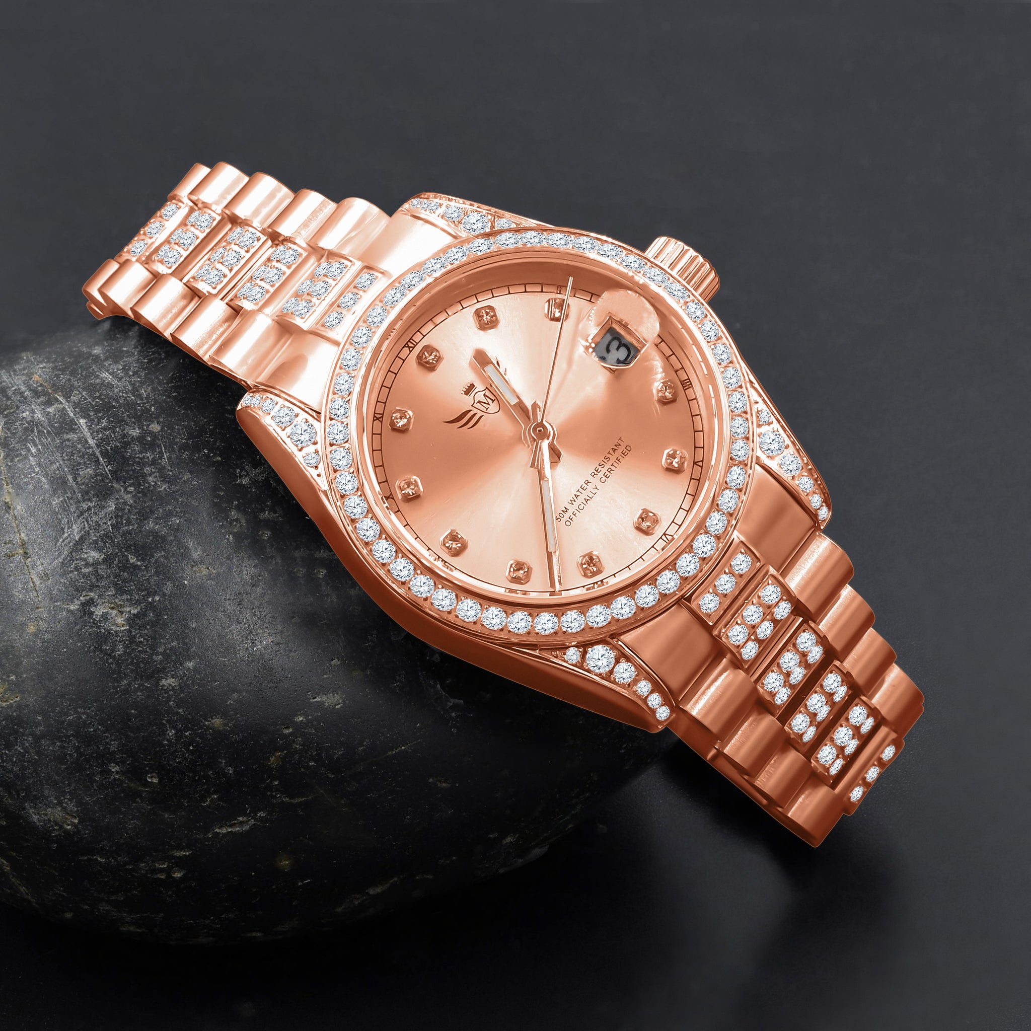 Angelica women's steel watch with two-tone strap and CZ stones, worn at a casual outing.