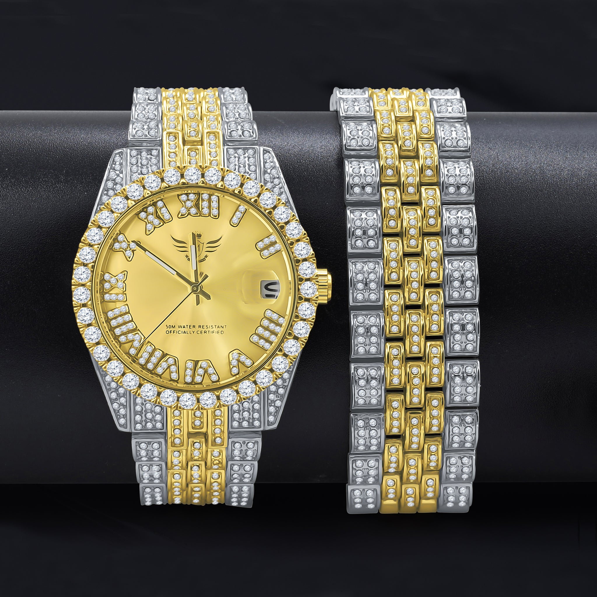 Radiant Trendsetter Men's Watch Set with a dazzling dial and CZ bracelet from a side angle.