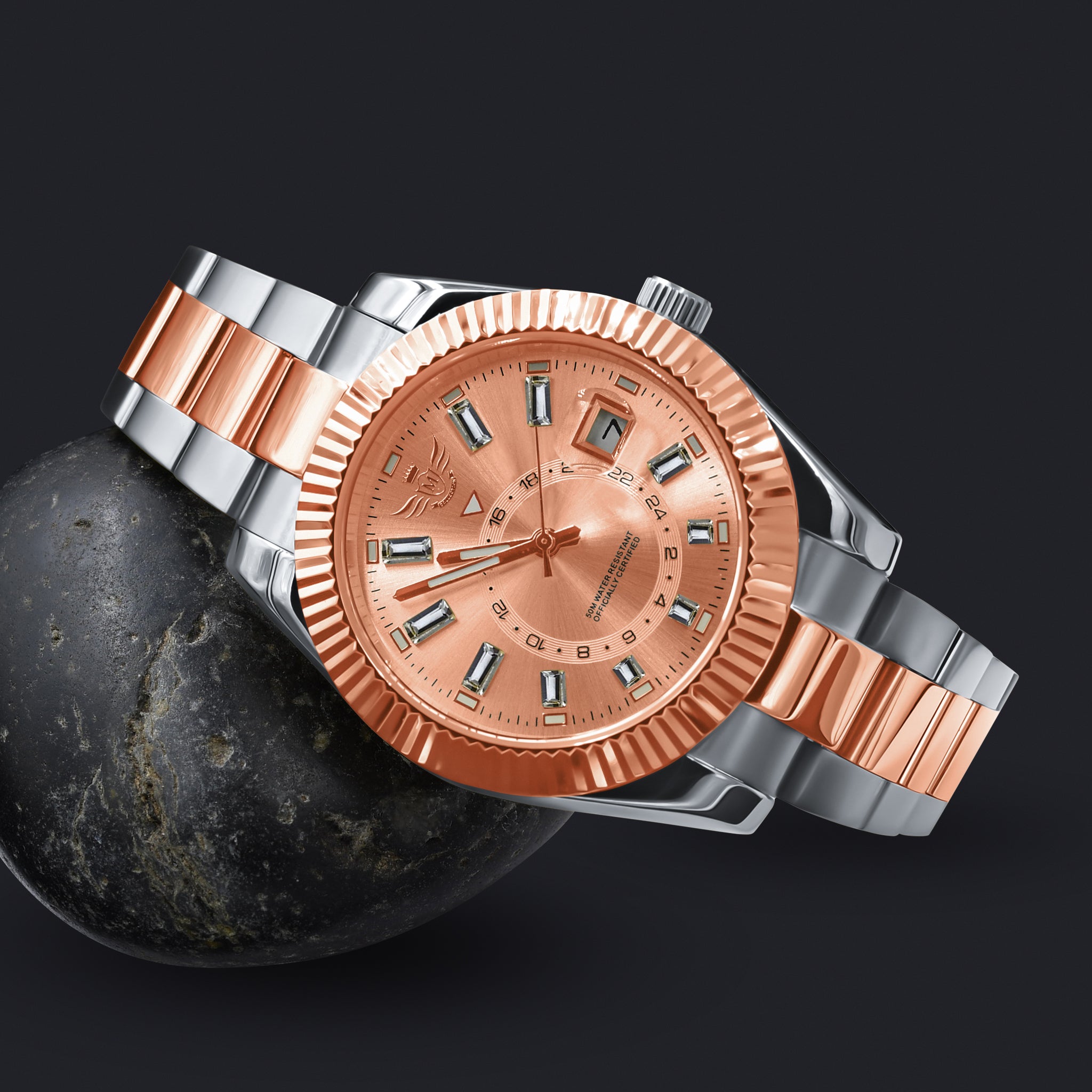 Close-up of the AeroLux Automatic Steel Men's Watch highlighting its polished bracelet and intricate dial design.