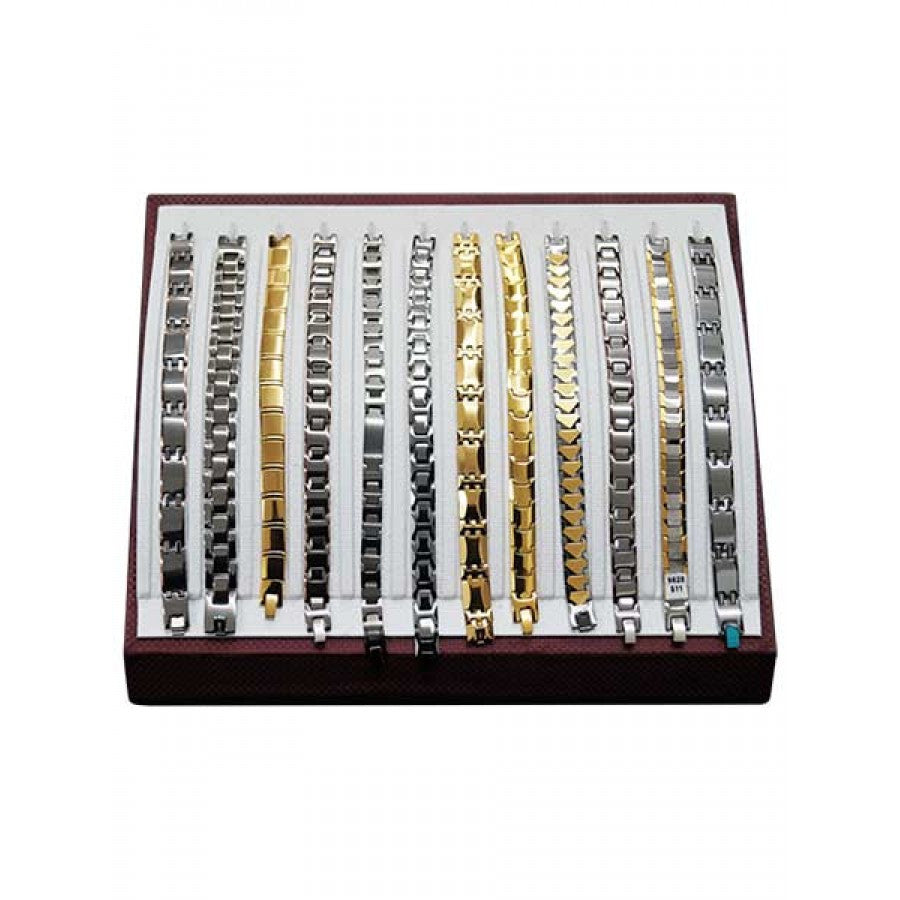 Elegant bracelet display stand with colorful bracelets arranged attractively.