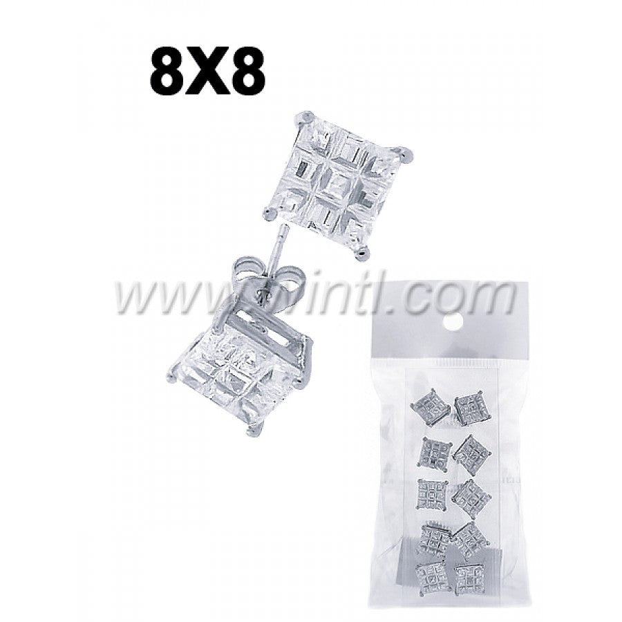 Front view of CZ diamond stud earrings on sterling silver setting