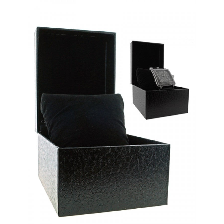 Elegant black watch box showcasing luxury timepieces from an angle.