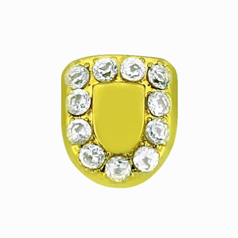 Close-up of custom gold teeth grillz with CZ border, showcasing the shine and craftsmanship.