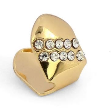Front view of BlazeSpark 2-Line iced out grillz with detailed brass finish and crystal stone arrangement.