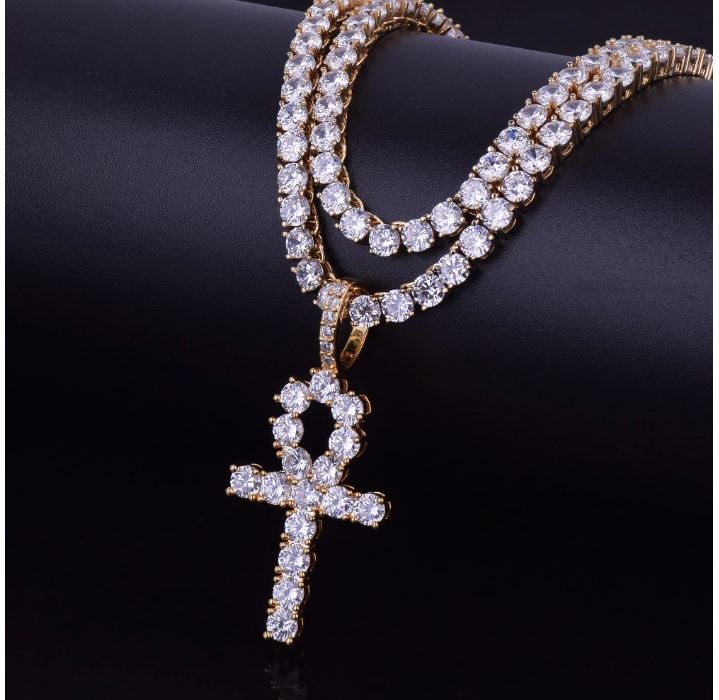 Front view of Cubic Zirconia ankhs cross necklace on a neutral background