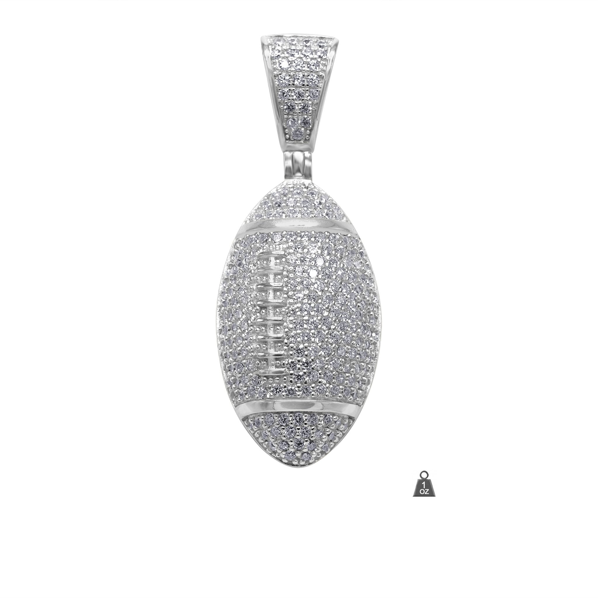 Close-up view of the 3D sterling silver football pendant showcasing CZ stones.
