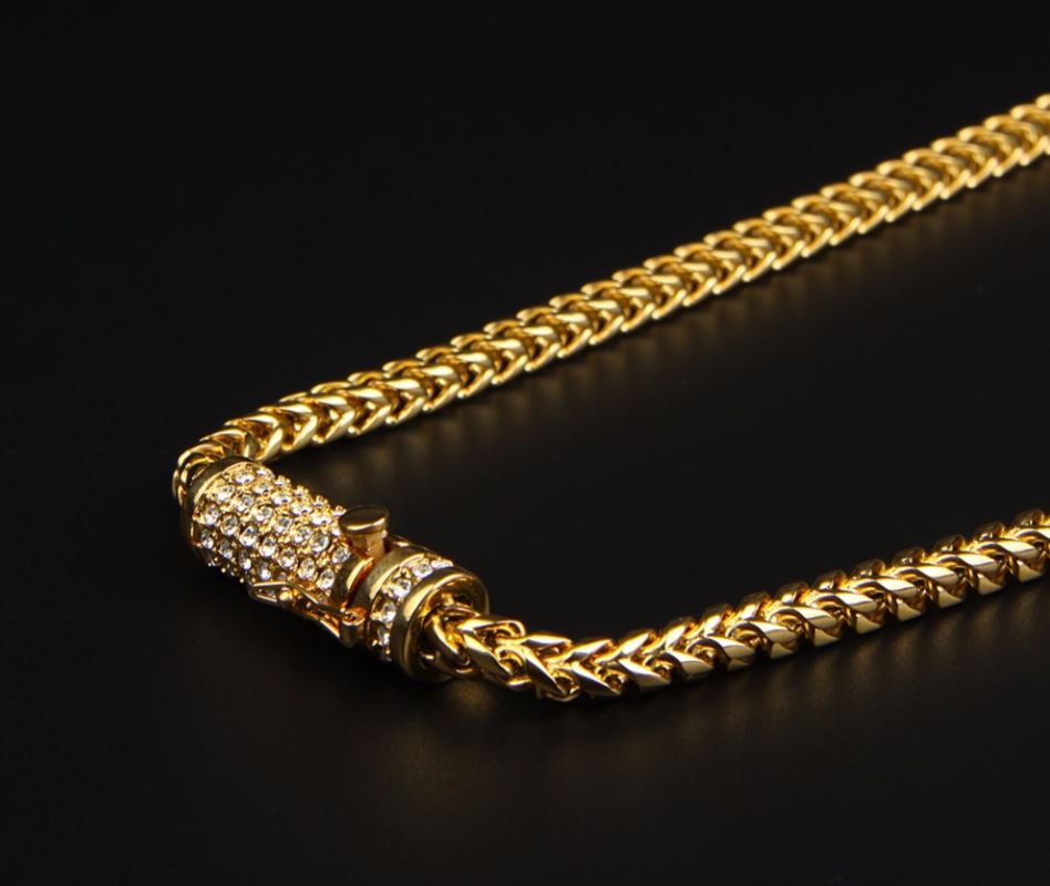 Front view of the 14K gold iced out Franco lock chain showcasing its shine and cubic zirconia details.
