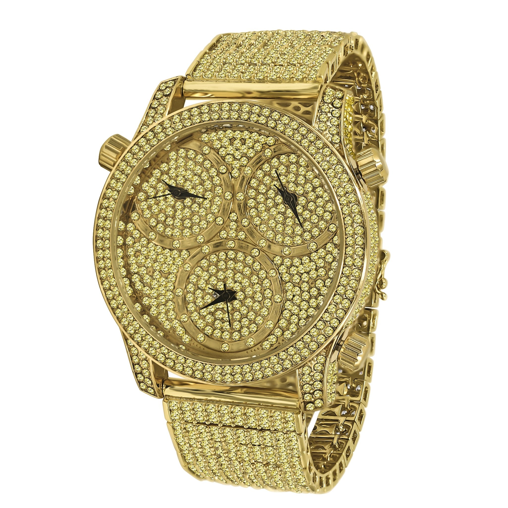 Aesthetic Traveler Iced-Out Watch showcasing its three mini dials and adjustable band.