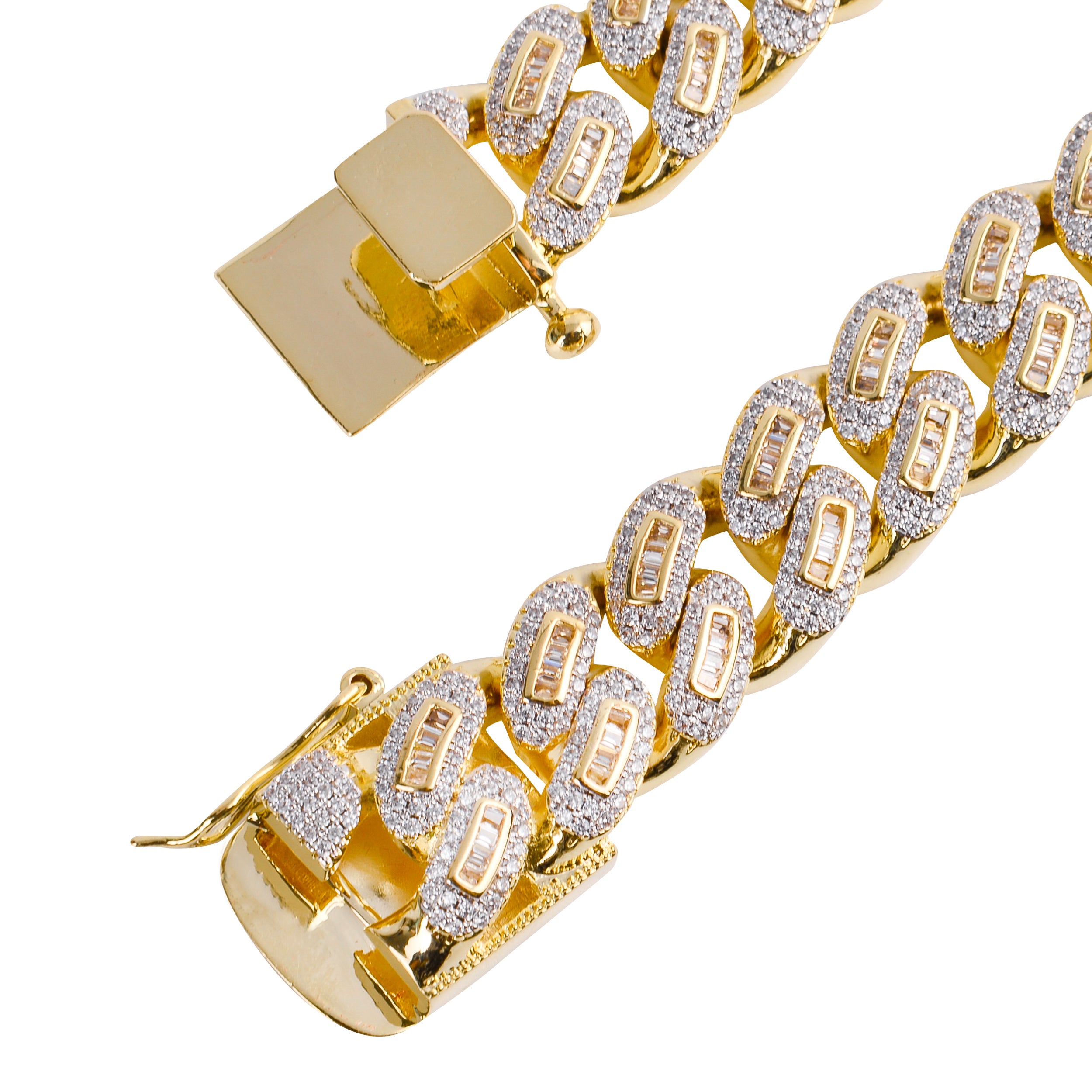 Elegant Baguette Cuban Chain Necklace featuring intricate craftsmanship and sparkling Cubic Zirconia stones.