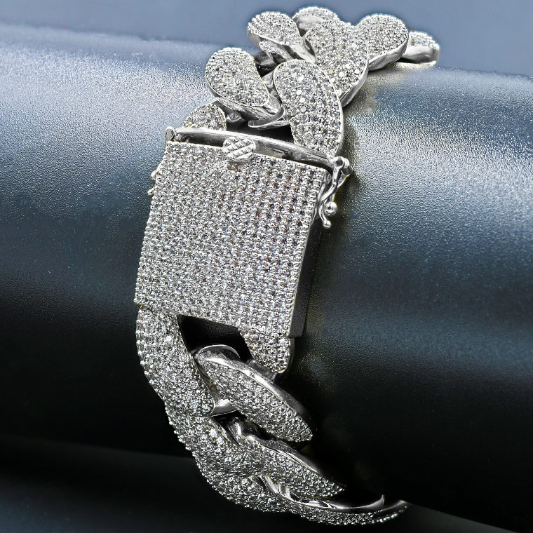 Front view of iced out Cuban bracelet with cubic zirconia stones