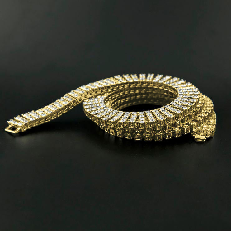 Front view of 4 row tennis chain showing crystal stone bling across entire length