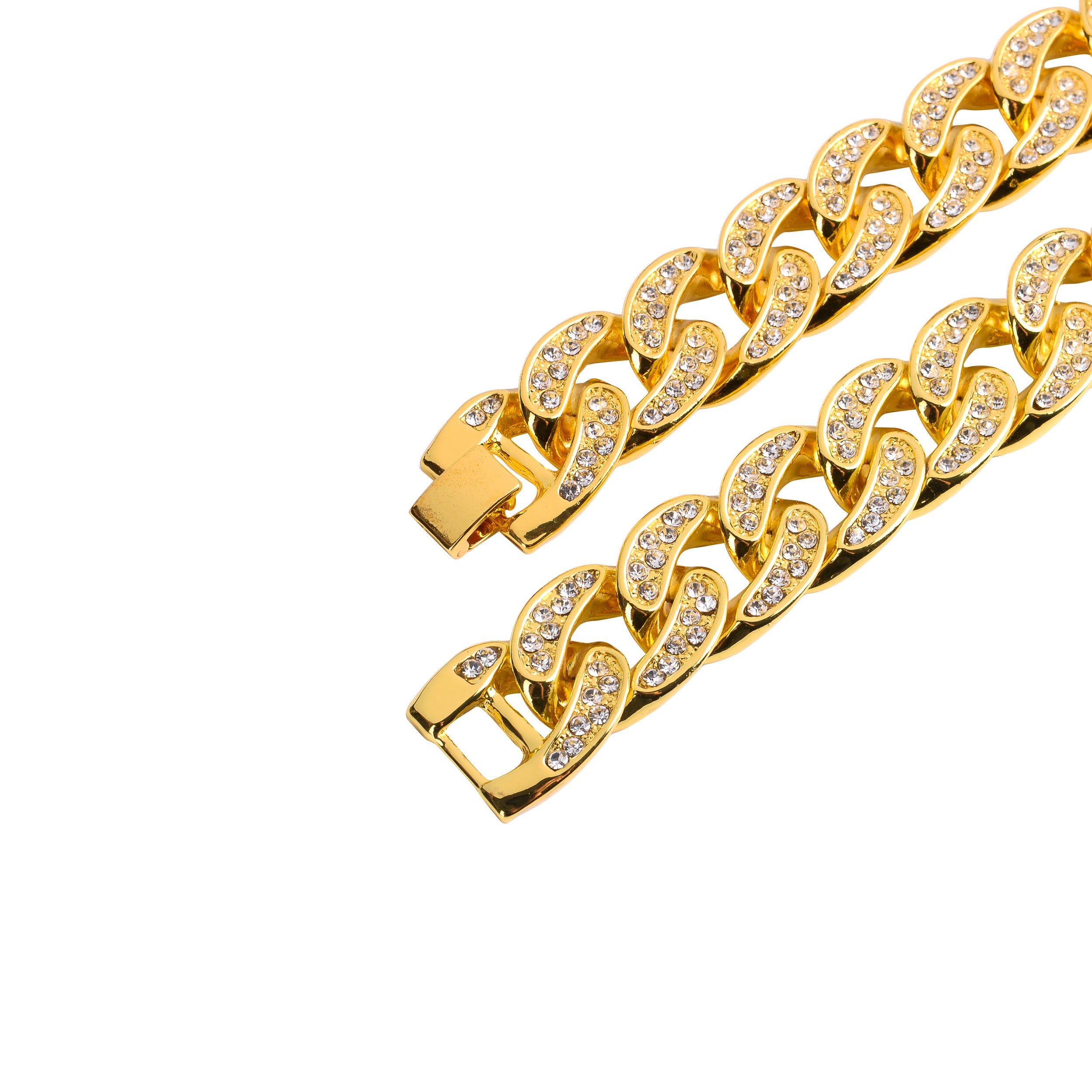 Front view of iced out Cuban chain with rhinestones, ideal for hip hop jewelry for sale