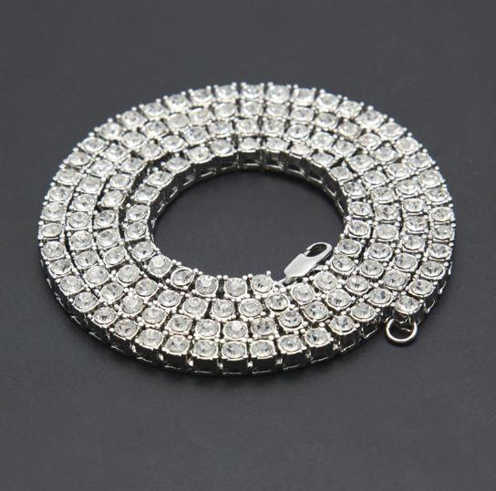 Front view of the Chrysalis 4MM bling chain necklace with rhinestones shining