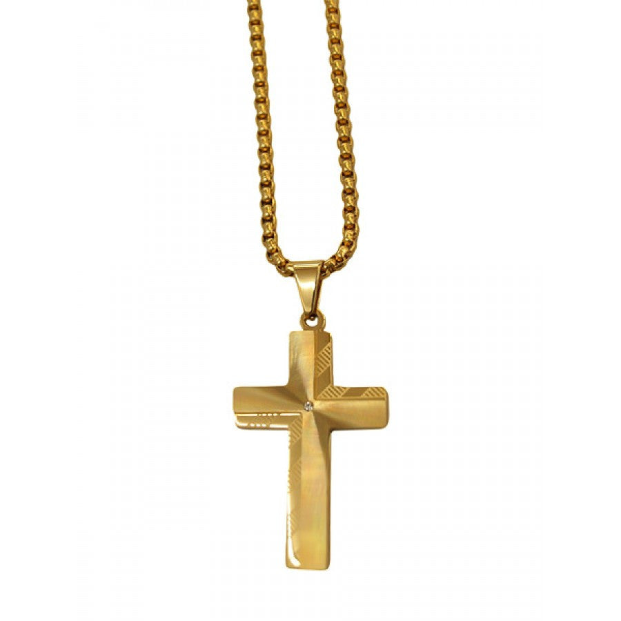 Close-up of stainless steel charm necklace pendant lying on satin fabric