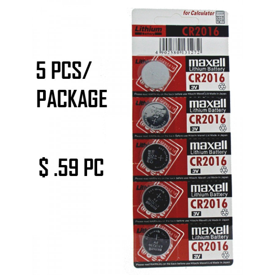 Close-up view of 5-Pack Premium CR2016 Watch Batteries showing packaging and battery design.