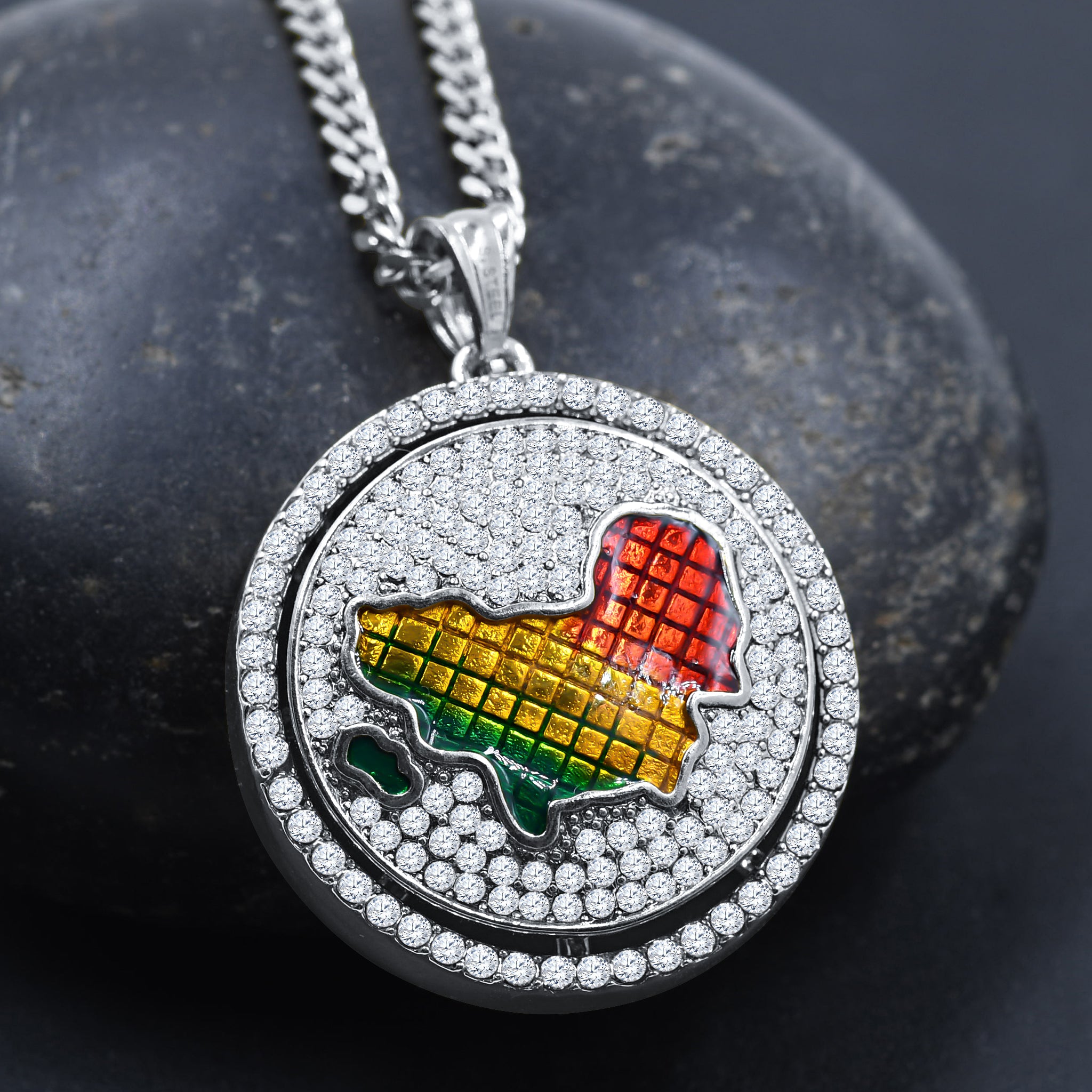 Front view of a stylish circular pendant necklace on a model's neckline, highlighting its modern design